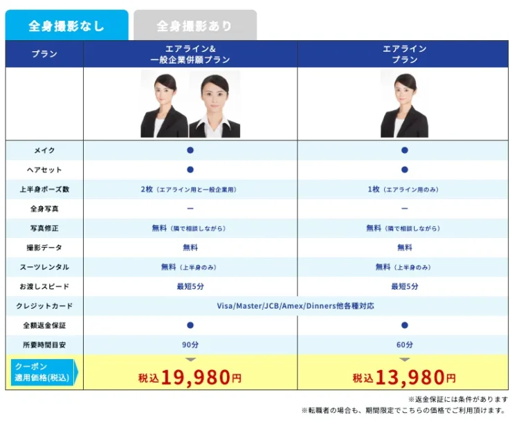 エアラインCA就活写真におすすめのスタジオインディの料金表_全身なし