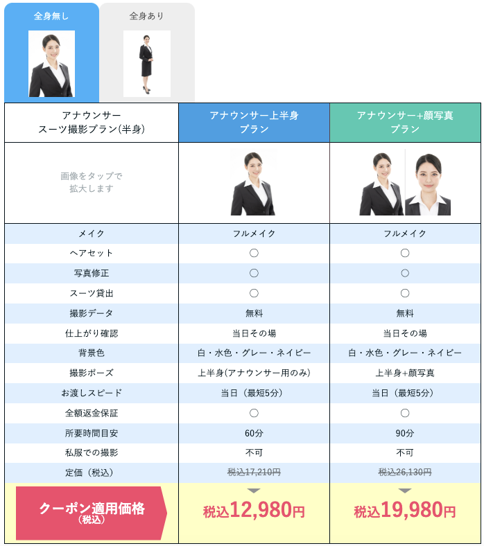 アナウンサー就活写真におすすめのスタジオインディのリクルートスーツメニューの料金表_全身撮影なし